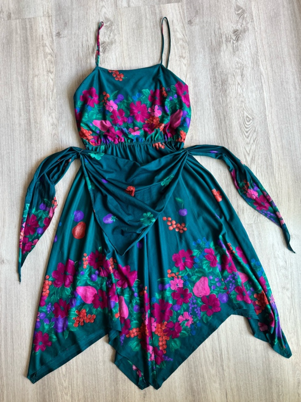 Vintage 70’s Tropical Fruit & Floral Print Teal Handkerchief Hem Midi Dress SM